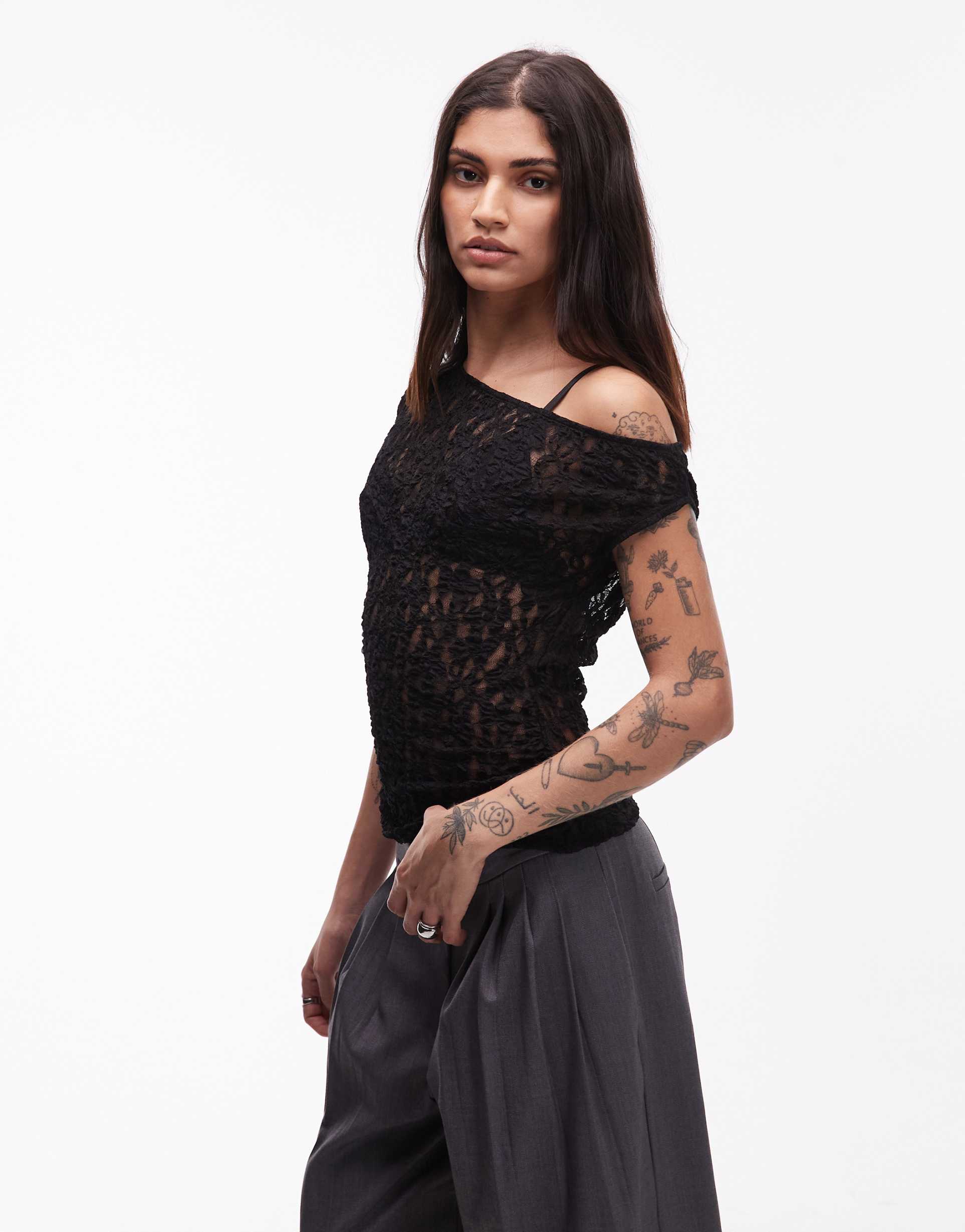 asos design lace one shoulder ruched detail top in black