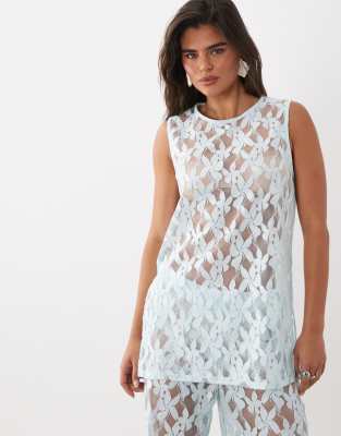 Asos Design Lace Over Sized Long Line Tank Top In Blue