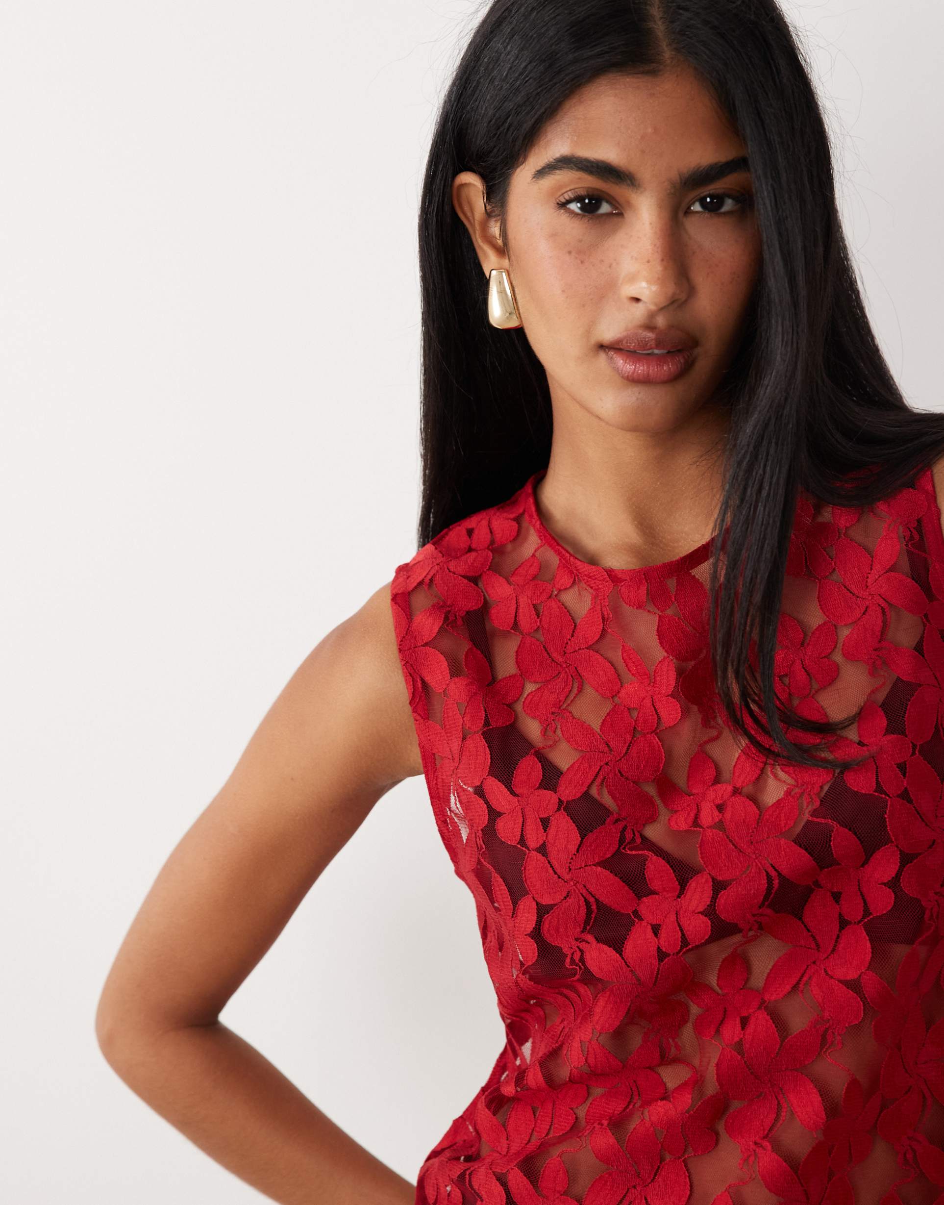 asos design lace over sized long line tank top in red