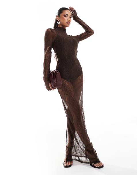ASOS DESIGN lace overlay body maxi dress in chocolate - view 1