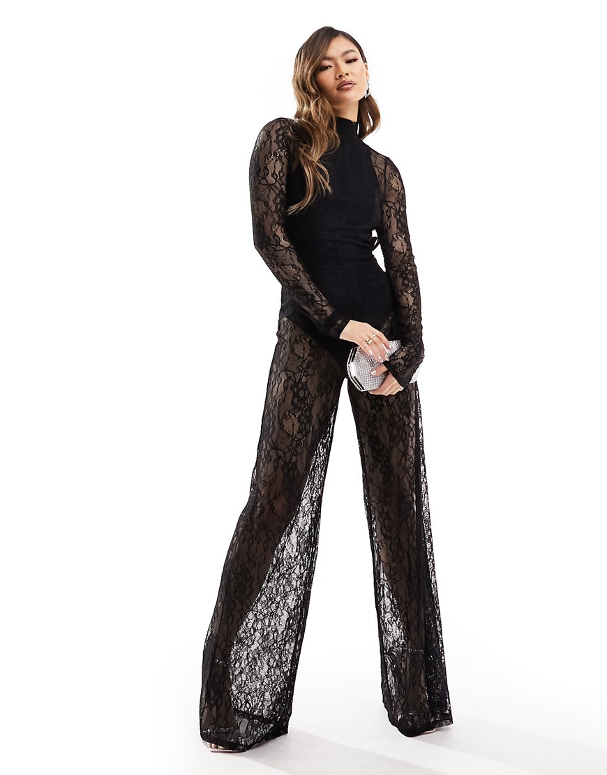 Asos Design Lace Overlay Bodysuit Wide Leg Jumpsuit In Black