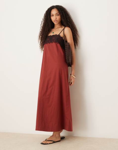 ASOS DESIGN Lace overlay midi cami dress in burgundy - view 1