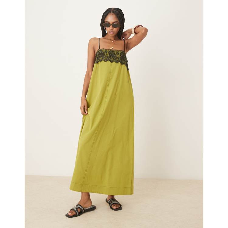 ASOS DESIGN lace overlay midi cami dress in olive | ASOS