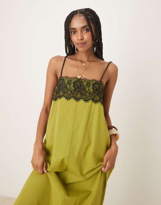 ASOS DESIGN lace overlay midi cami dress in olive | ASOS