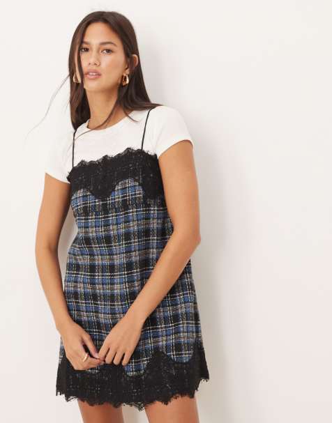 ASOS DESIGN lace overlay mini dress in blue check - view 1