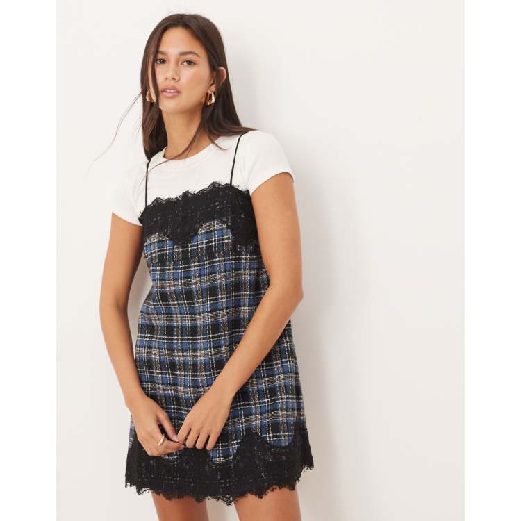 ASOS DESIGN lace overlay mini dress in blue check | ASOS