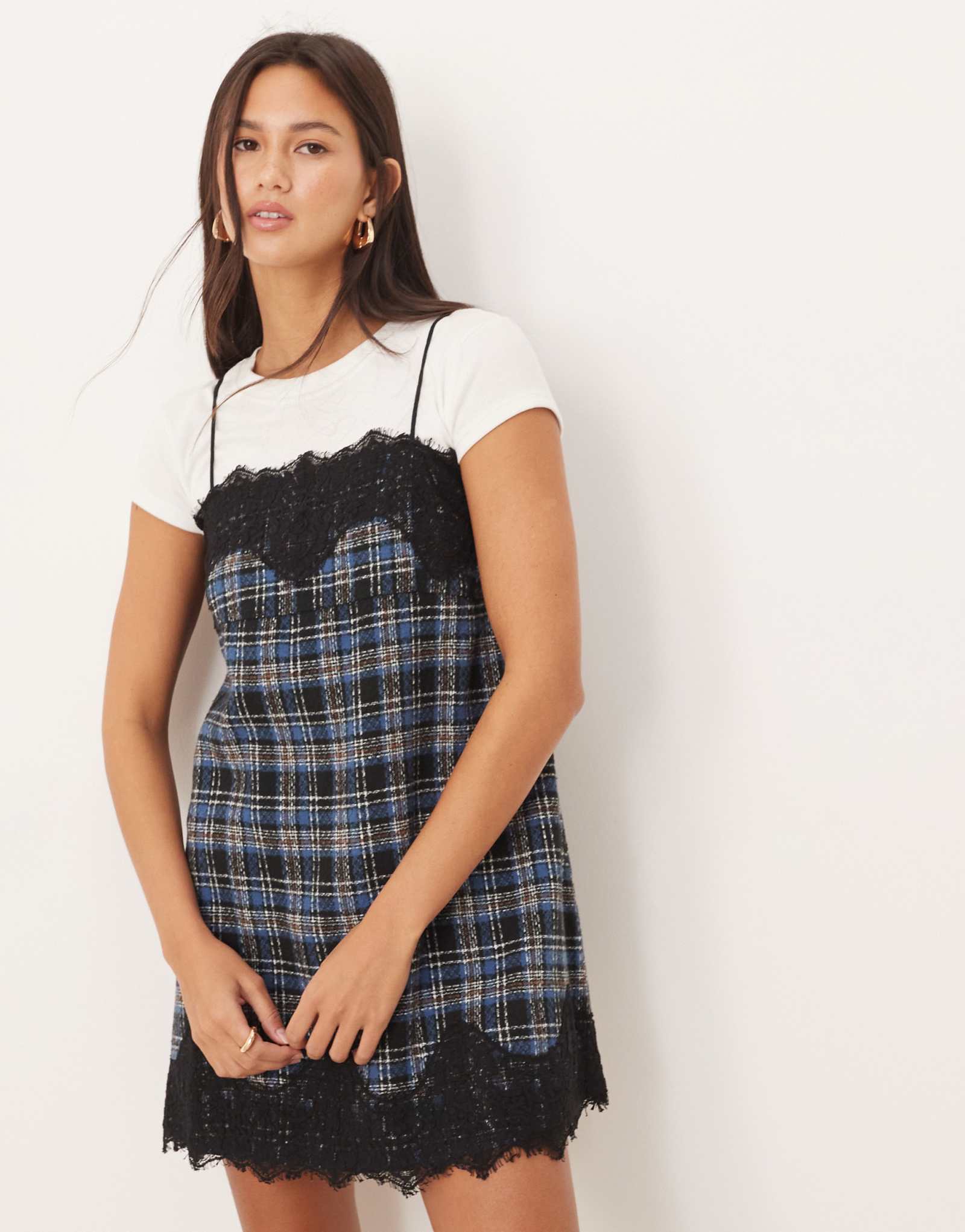 ДИЗАЙНЕРСКОЕ мини-платье ASOS с кружевным верхом в синюю клетку