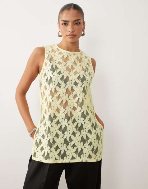 ASOS DESIGN lace oversized longline tank top in lemon - part of a set - view 1