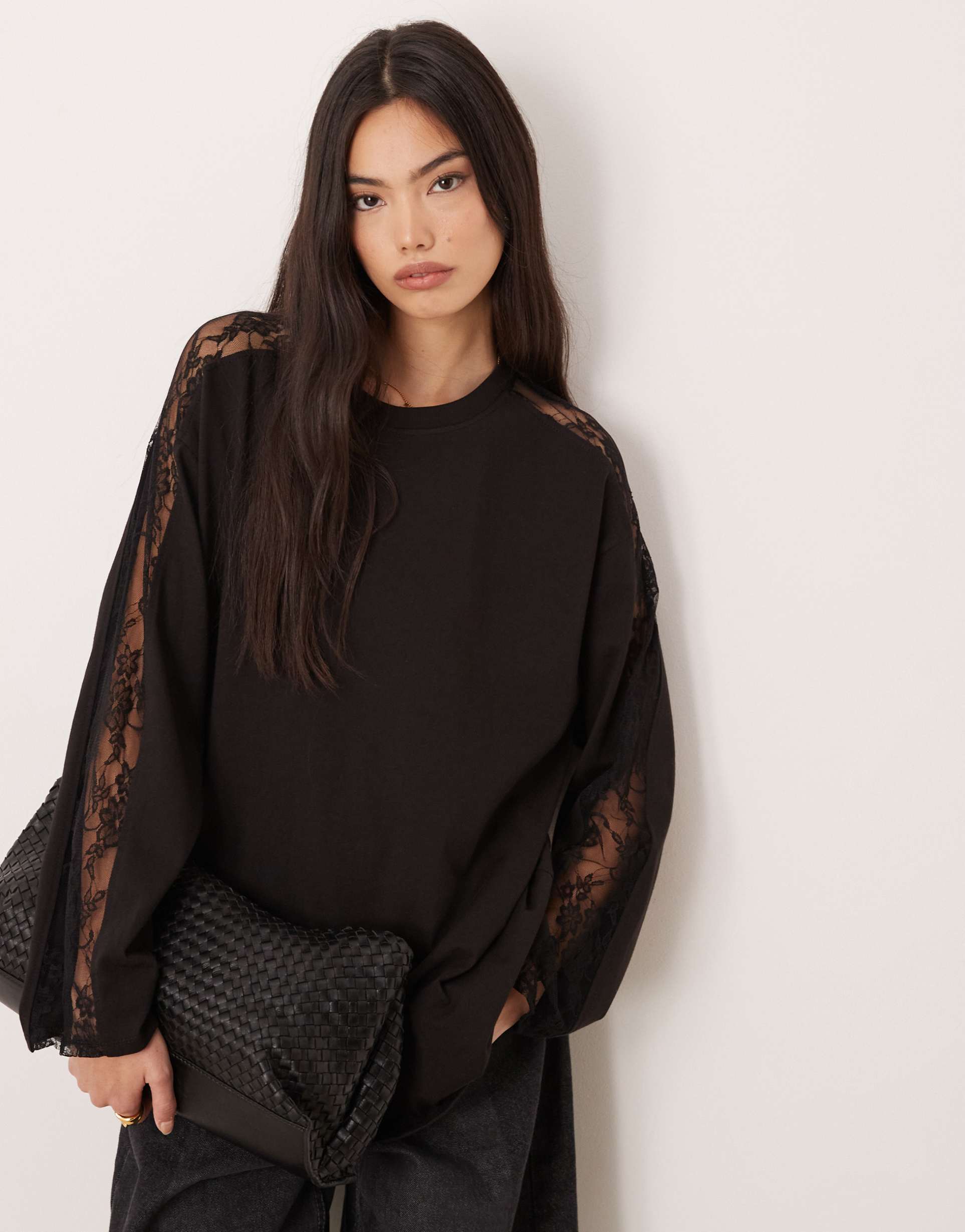 asos design lace panel long sleeve tee in black