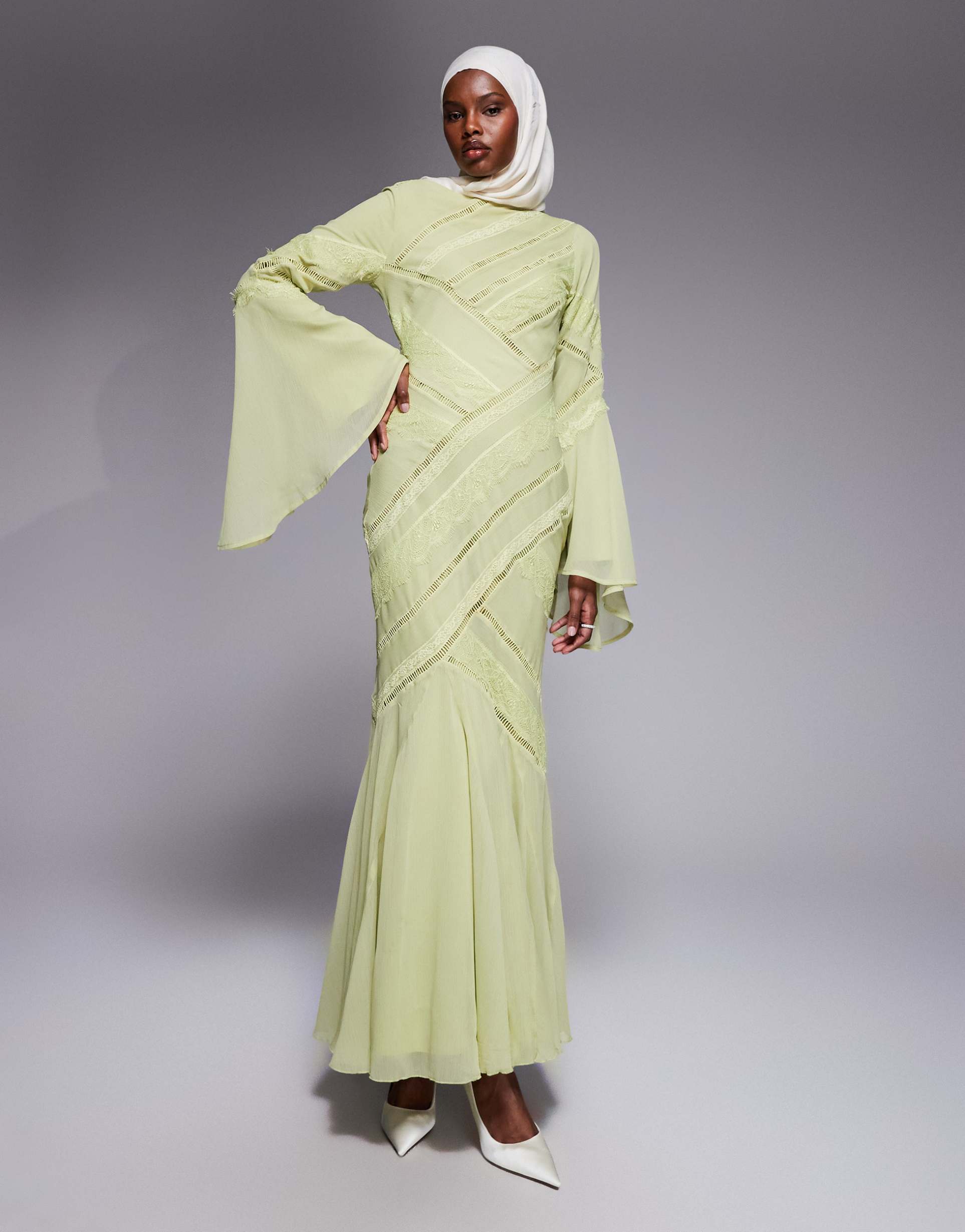 asos design lace panel long sleeved maxi dress in pistachio