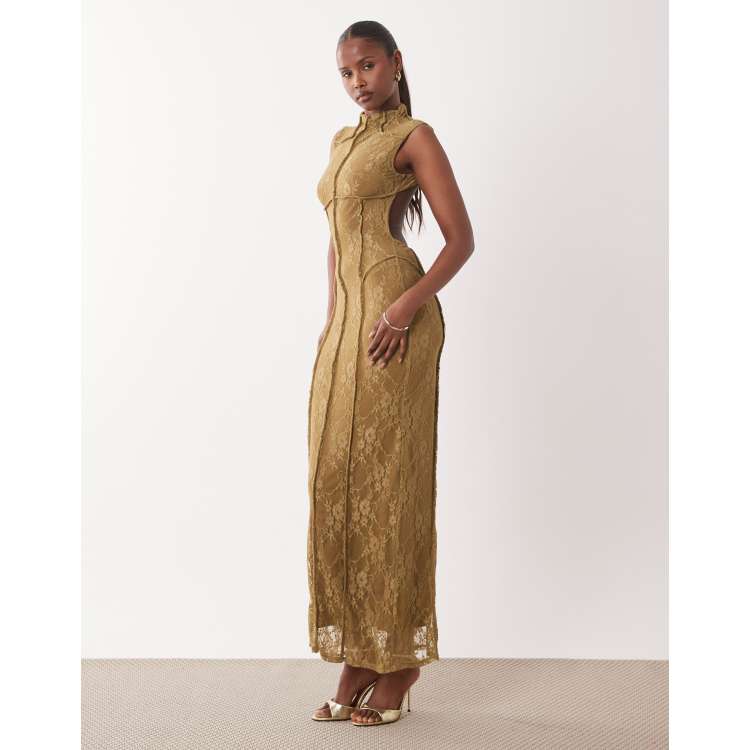 ASOS DESIGN lace paneled column maxi dress in bronze | ASOS