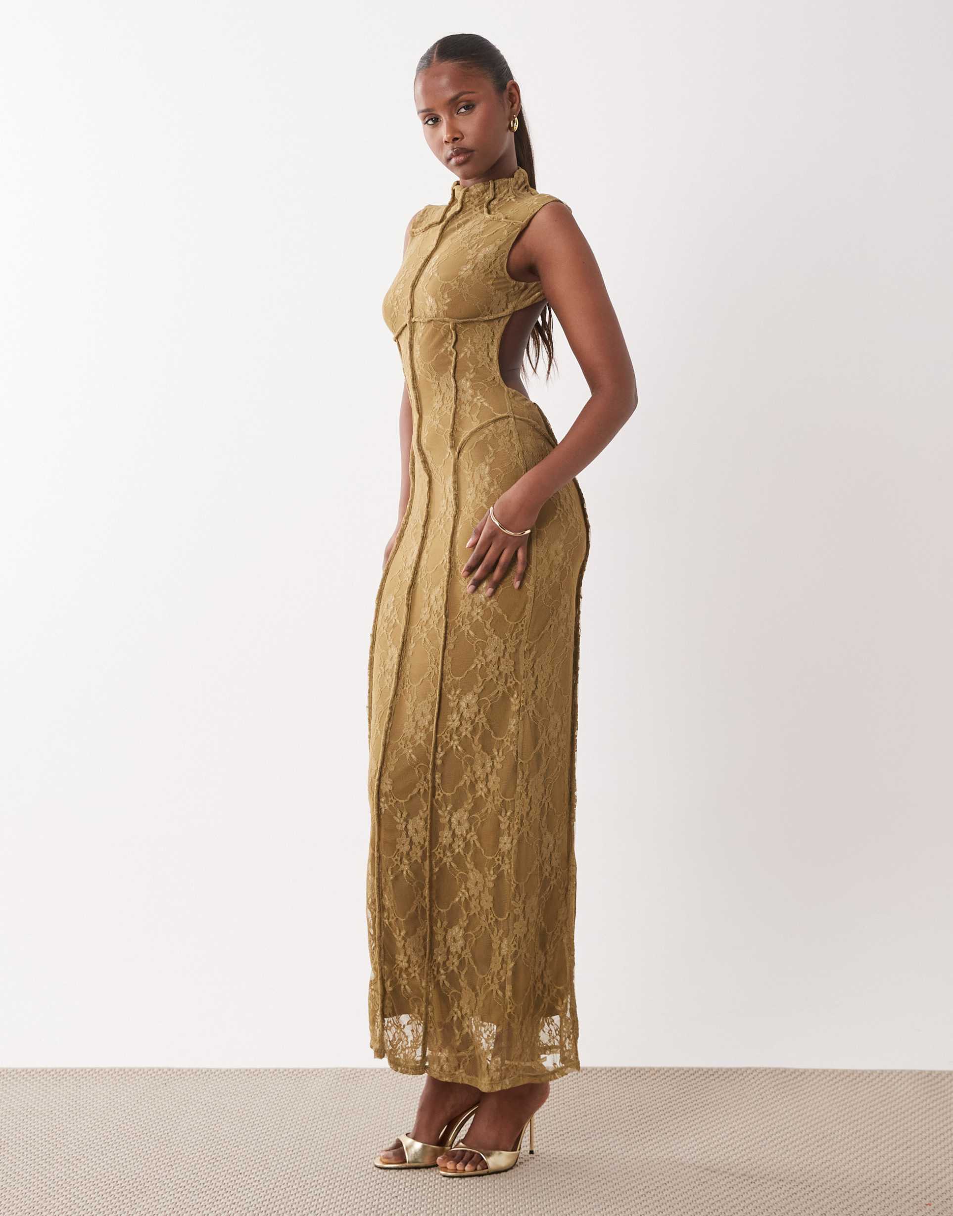 asos design lace paneled column maxi dress in bronze