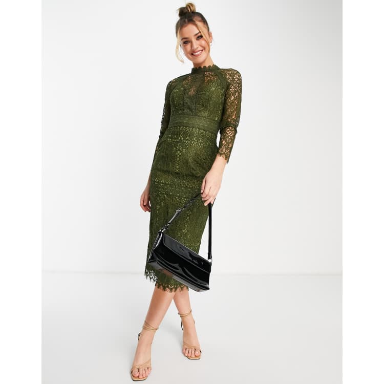 Asos design lace long clearance sleeve midi pencil dress