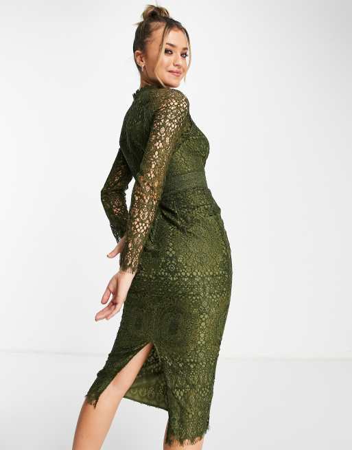 ASOS DESIGN lace pencil midi dress with lace trim in khaki, 2 of 4