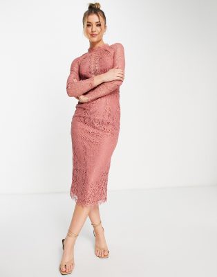 Asos design lace long 2025 sleeve midi pencil dress