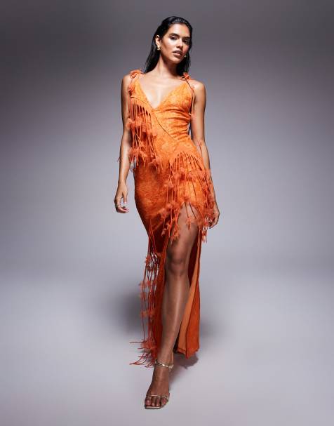 ASOS DESIGN lace plunge cami maxi dress with 3D florals and fringing in orange - view 1