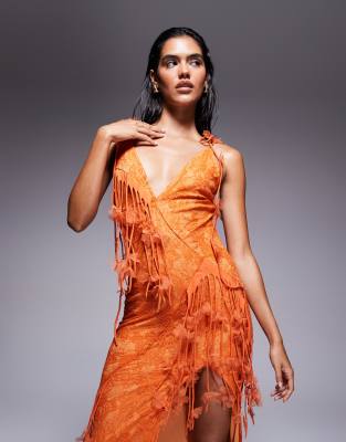 Asos Design Lace Plunge Cami Maxi Dress With 3d Florals And Fringing In Orange