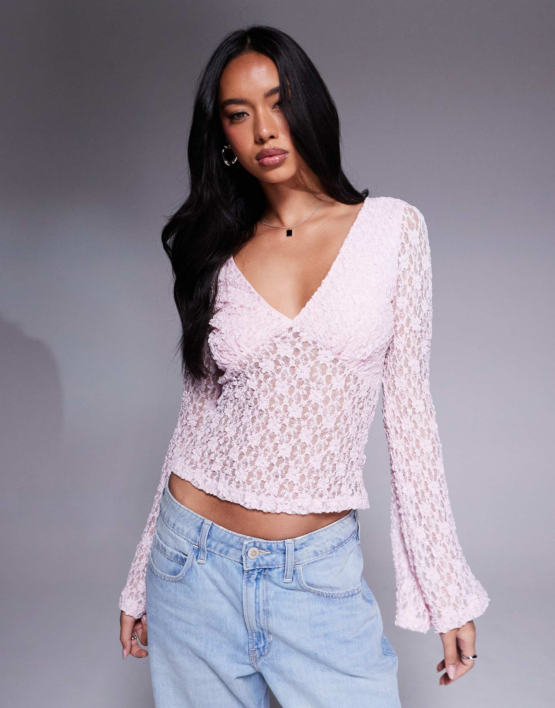 asos design lace plunge flute sleeve top in baby pink