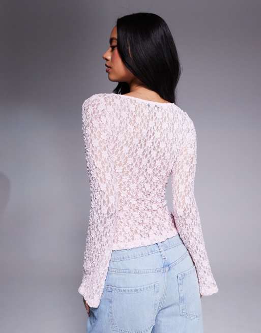 ASOS DESIGN lace plunge flute sleeve top in baby pink, 2 of 4