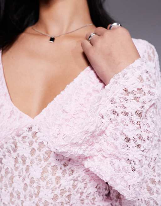 ASOS DESIGN lace plunge flute sleeve top in baby pink, 3 of 4