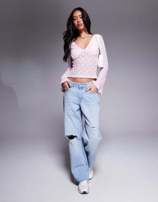 ASOS DESIGN lace plunge flute sleeve top in baby pink, 4 of 4