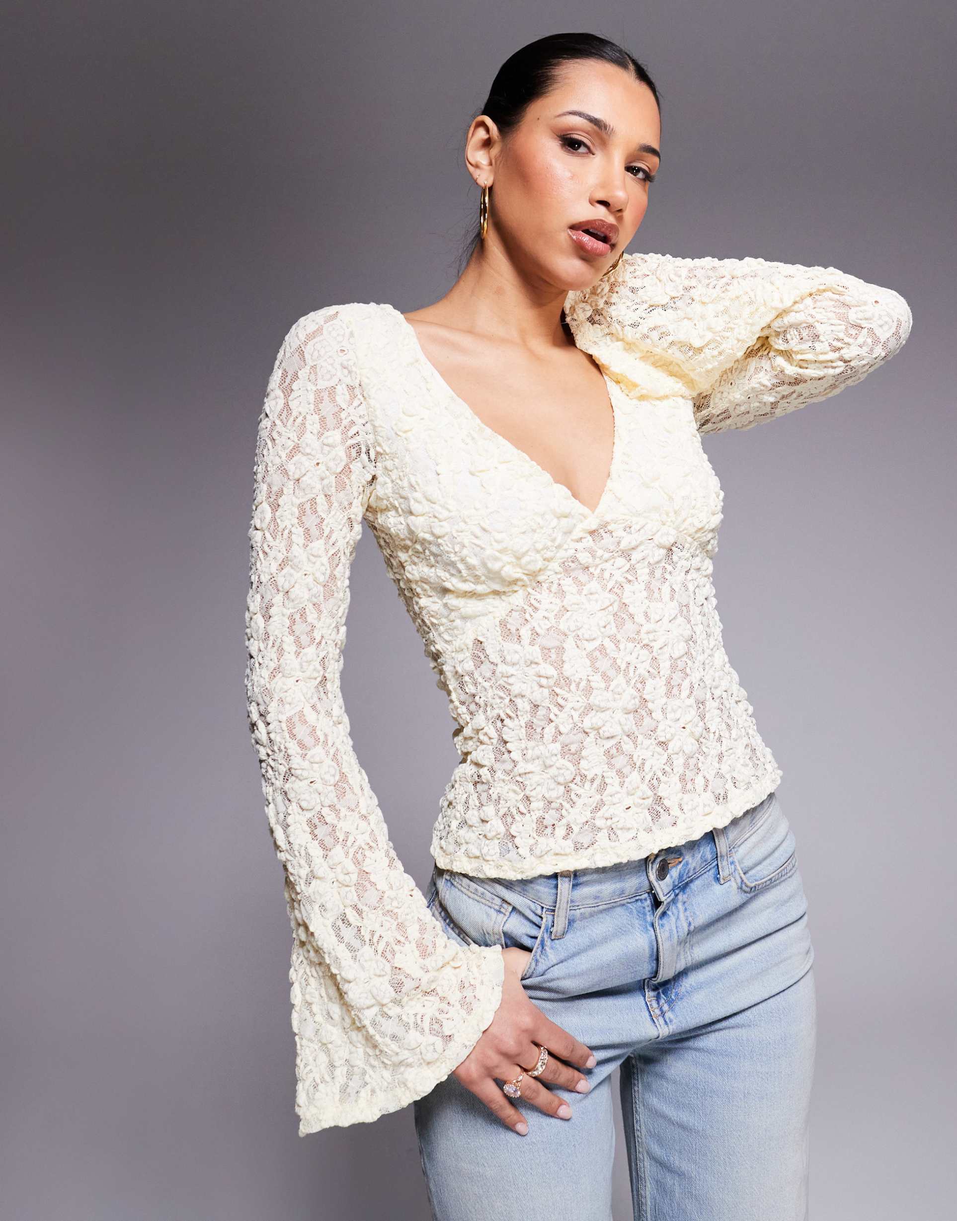 asos design lace plunge fluted sleeve top in buttermilk