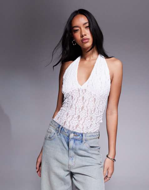ASOS DESIGN lace plunge halter neck bodysuit in white - view 1