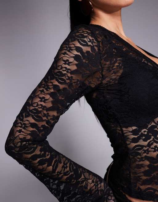 ASOS DESIGN lace plunge lace trim v neck top with flared sleeves in black, 3 of 4