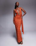 [ASOS DESIGN] ASOS DESIGN lace plunge maxi dress with drape detail in red 14 red