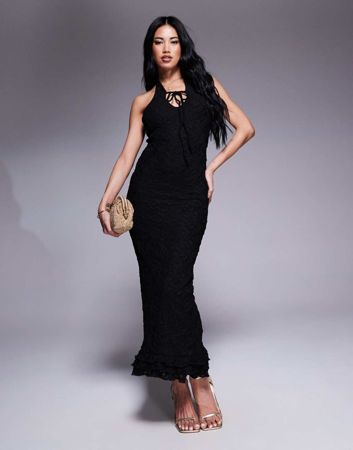 ASOS DESIGN lace plunge maxi dress with frill hem in black
