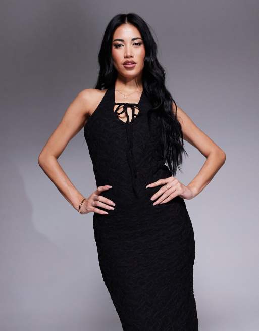 ASOS Design Lace Plunge Maxi Dress with Frill Hem in Black