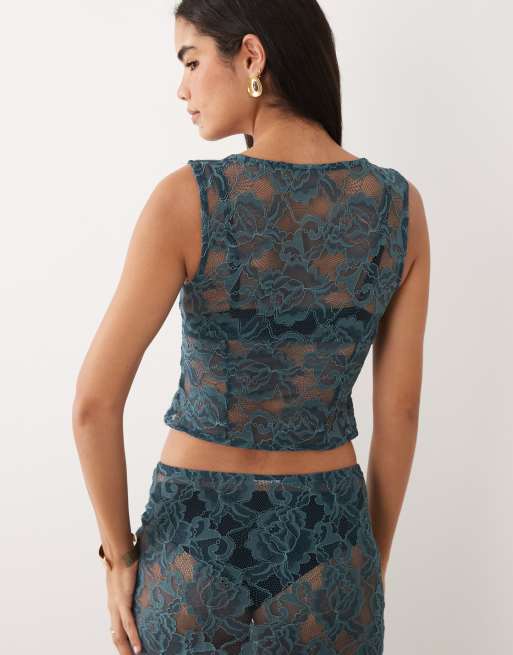 ASOS DESIGN lace plunge top in teal (part of a set), 4 of 4