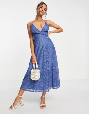 Shop Asos Design Lace Prom Midi Dress With Lace Up Back In Blue