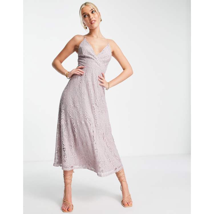 ASOS DESIGN lace prom midi dress with lace up back in lilac | ASOS