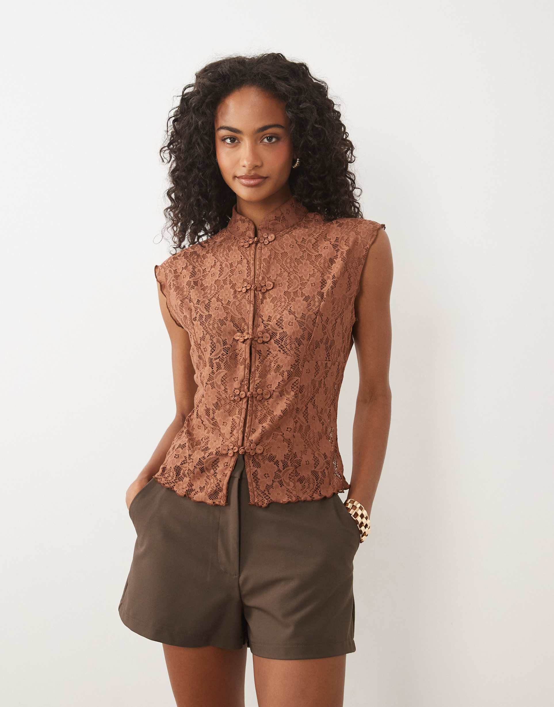 asos design lace rouleaux loop detail vest in brown