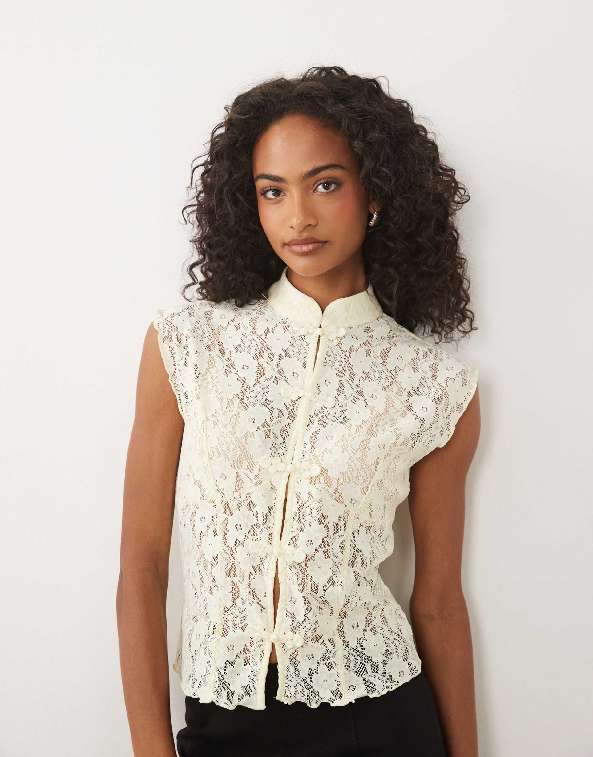 asos design lace rouleaux loop detail vest in yellow