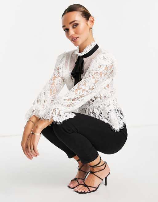 ASOS DESIGN lace ruffle blouse with textured insert