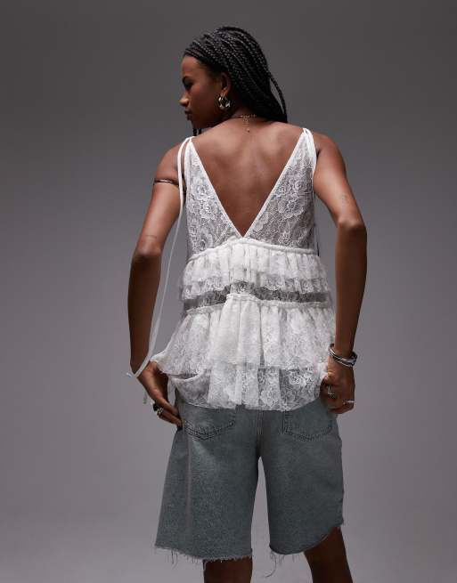 ASOS DESIGN lace ruffle detail longline top in ivory, 3 of 4
