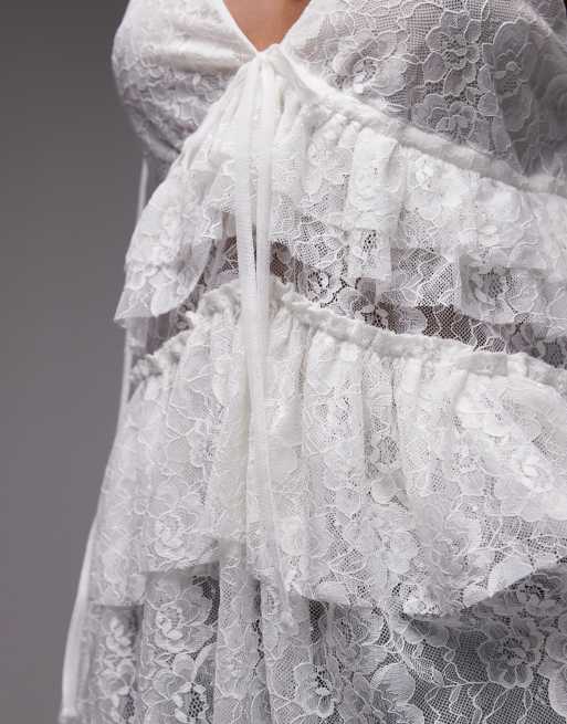 ASOS DESIGN lace ruffle detail longline top in ivory, 4 of 4