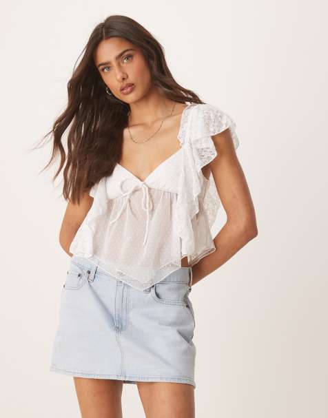 ASOS DESIGN lace ruffle flutter sleeve open back top in white - view 1