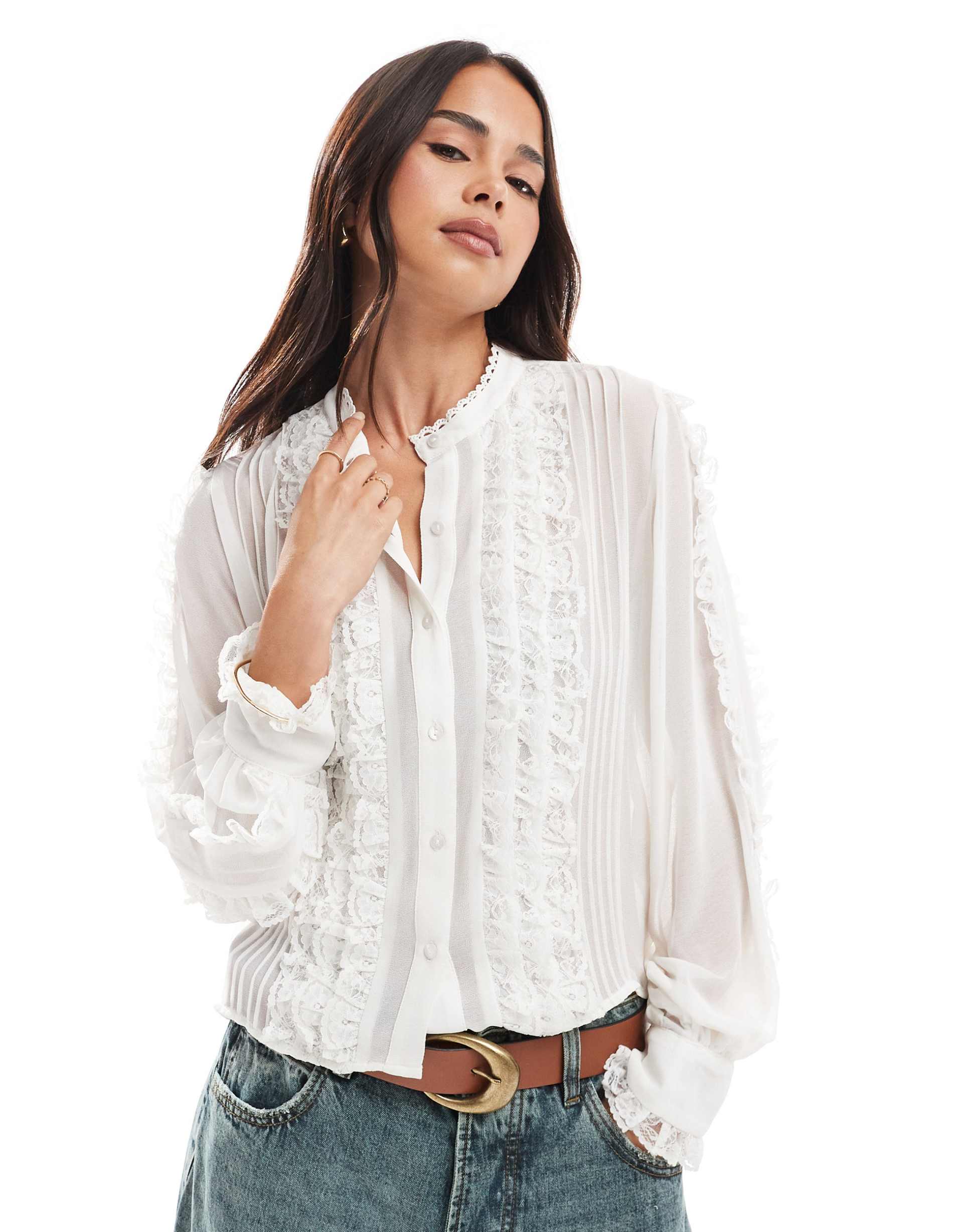asos design lace ruffle insert sheer long sleeve top in white