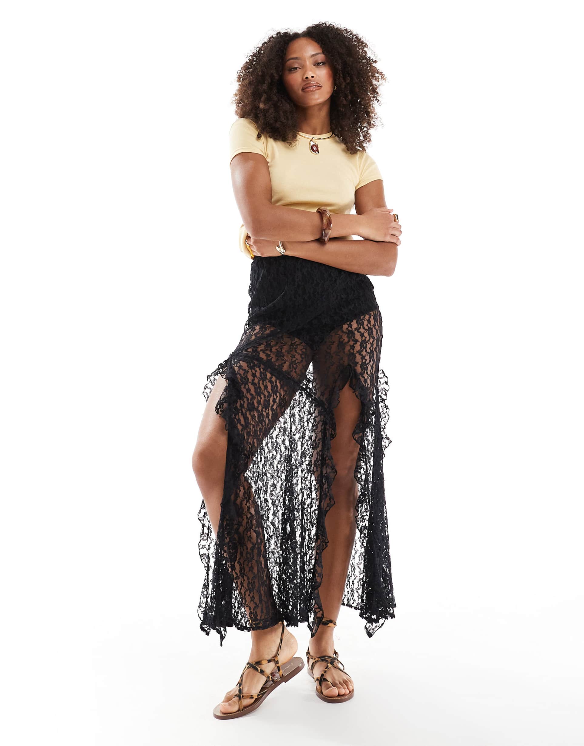 asos design lace ruffle maxi skirt in black