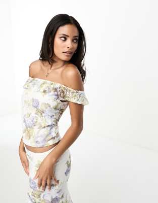 ASOS DESIGN lace ruffle off the shoulder top co ord in floral-Multi