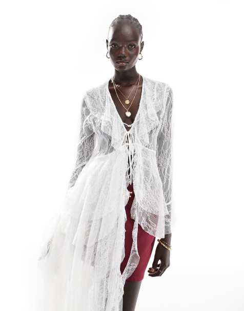ASOS DESIGN lace ruffle tiered tie front blouse in ivory - view 1
