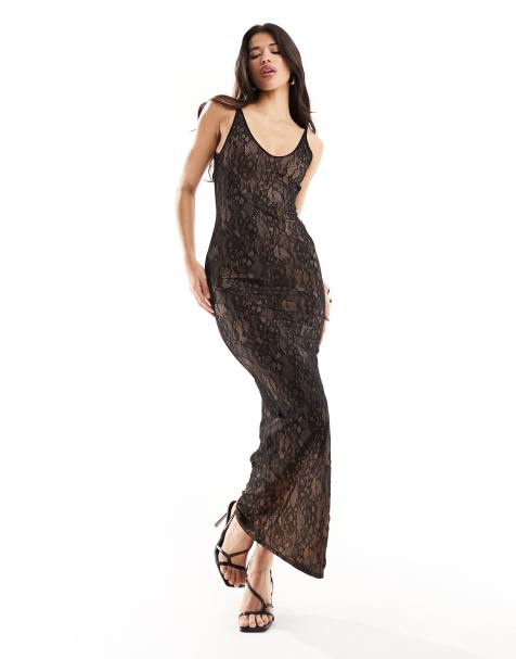 ASOS DESIGN lace scoop neck cami slip dress in black with camel lining - view 1