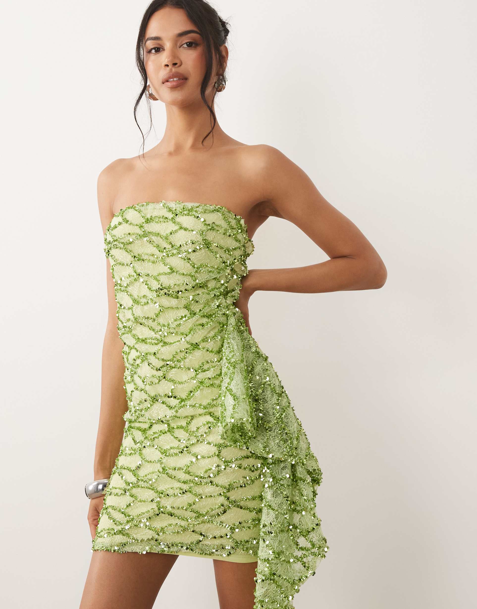 asos design lace sequin bandeau mini dress with scarf detail in lime
