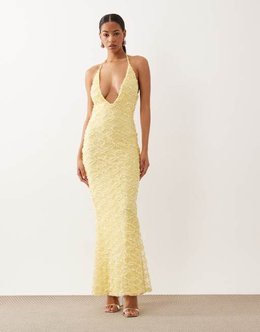 ASOS DESIGN lace sequin halterneck maxi dress in buttermilk | ASOS