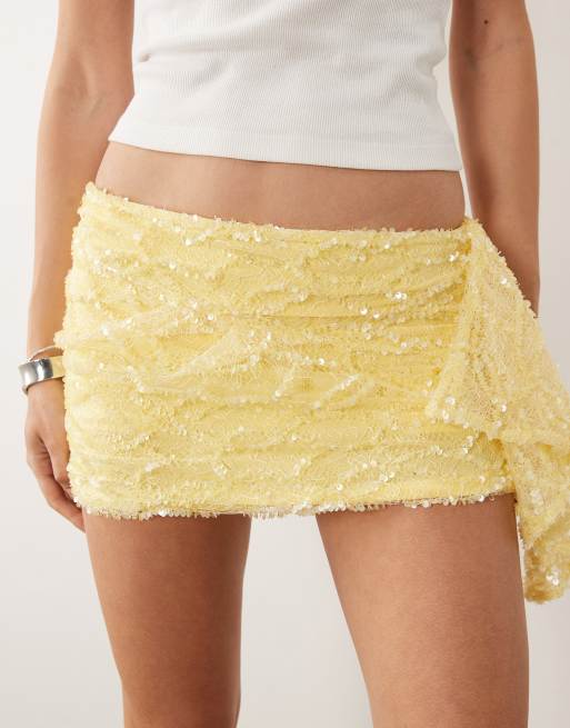 ASOS DESIGN lace sequin mini skirt with ruffle detail in yellow, 2 of 5