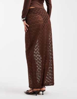 Asos Design Lace Sheer Column Maxi Skirt In Brown