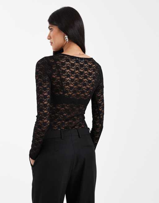 ASOS DESIGN lace sheer long sleeve bodysuit in black, 4 of 4